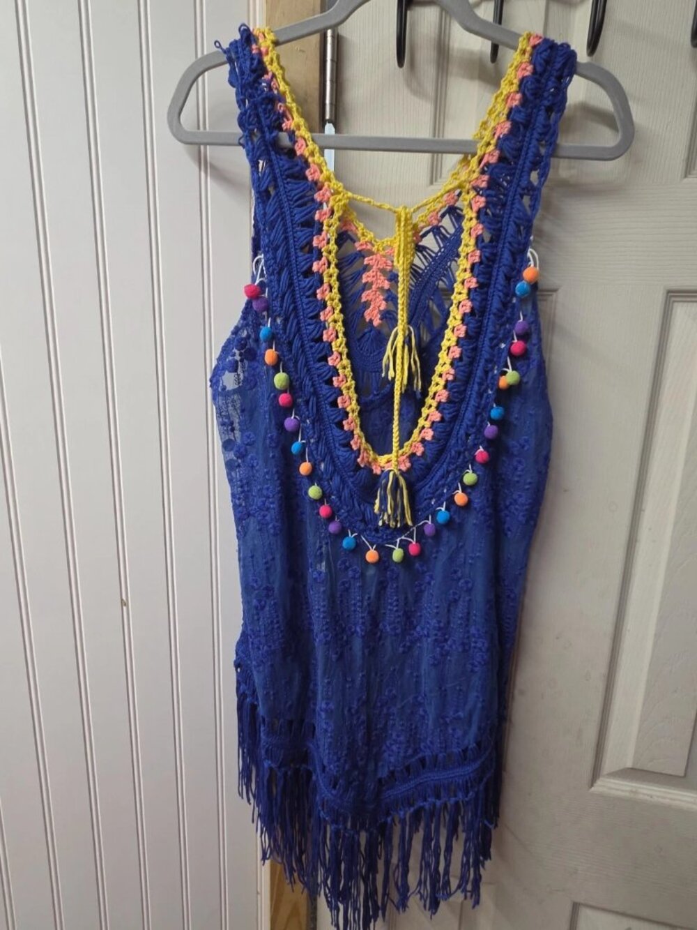 Boho Rodeo crochet swim cover-up kimono shawl pom-pom fringed hem #0179